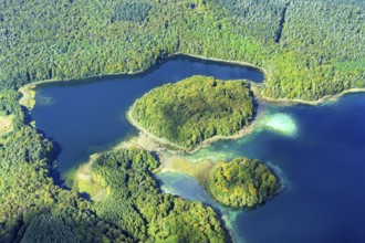 Aerial view Große Wummsee, end moraine landscape, Ruppiger Wald- und Seenlandschaft, island, lake