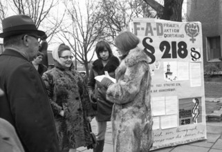 Frauen Aktion Dortmund (FAD) collects signatures at a stand in Dortmund city centre in protest