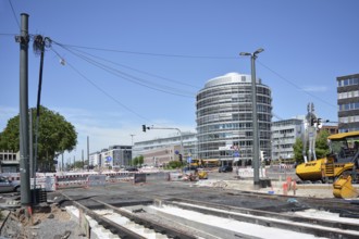 Heidelberg, Germany, June 2019: Construction site with track and road maintenance for streetcar