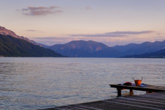 Sunset, jetty at the lido Weyregg am Attersee with Schafberg, Salzkammergut, Upper Austria,