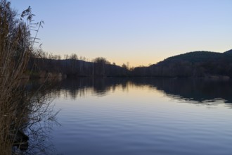 Lake at dawn, Freudenberg am Main, Untermain, Spessart, Odenwald, Franconia, Baden-Württemberg,