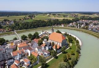 Drone shot, collegiate church, Laufen an der Salzach, Rupertiwinkel, Upper Bavaria, Bavaria,