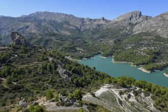 View from Castell de Guadalest to the reservoir, Guadalest, Alicante province, Costa Blanca, Spain,