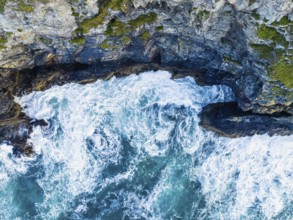 Top Down over Cliffs and Waves, Cornwall Coastline, Cornwall, England, United Kingdom, Europe