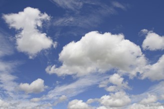 Cloud formation (cumulus), blue sky with low clouds, North Rhine-Westphalia, Germany, Europe