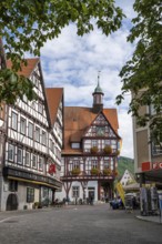 Town hall and half-timbered houses on the market square of Bad Urach, Reutlingen district,