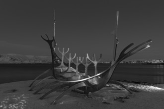 Viking ship sculpture, Sun Voyager, black and white photograph, Reykjavik, Reykjanes Peninsula,