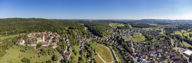 Aerial view of the town of Aach im Hegau with the historic district of Konstanz, Baden-Württemberg,