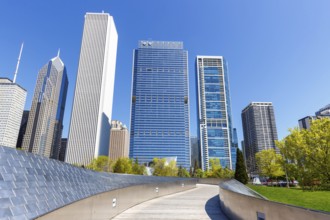 Chicago skyline skyscraper skyscrapers and BP Pedestrian Bridge bridge skyscraper in Chicago, USA,