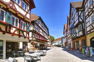 Mosbach, Germany, June 2021: Historic town center with timber-framed houses in main street on sunny