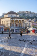 Tzisdarakis Mosque and Acropolis, Monastiraki Square, Athens, Attica, Greece, Europe