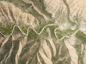 Dirt road in the Gorafe Desert with green surroundings after some rainfalls, aerial view, drone