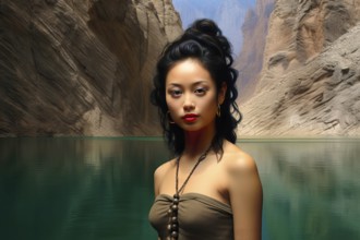 Beautiful young Asian woman with dark hair in front of a mountain valley near a colourful lake,