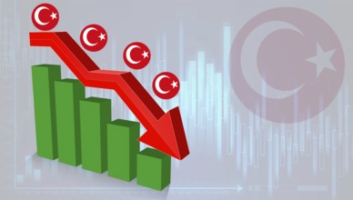 Fall of the Turkey Economy. Recession graph with a red arrow on the Turkey flag, inflation