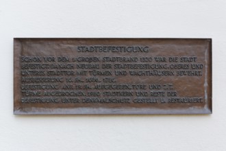 Sign at Werdenberg Castle, plaque, writing, letters, text on the town fortifications, Werdenberg