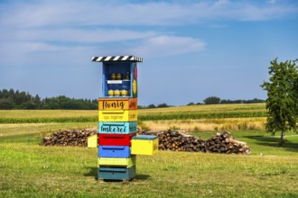 Honey stand, Hinrichsberg, Sietow municipality, Mecklenburg-Western Pomerania, Germany, Europe