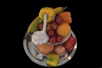 Fruit and Vegetable Tray on Black Ground, Bavaria, Germany, Europe