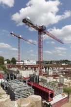 Large construction site with construction cranes, Deiker Höfe, Düsseldorf, North Rhine-Westphalia,