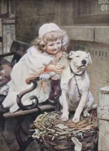 Little Girl Gives a Biscuit to the House Dog, 1880, Germany, Historic, digitally restored