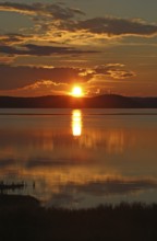 Sunset, midnight sun at a lake in Kvikkjok National Park, Lapland, Northern Sweden, Sweden,