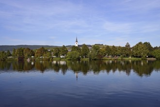 The church of Minheim is reflected in the Moselle, Rhineland-Palatinate