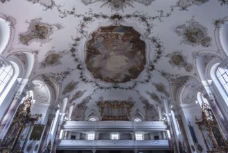 Organ loft in the baroque church of St. Andrew, Nesselwang, Bavaria, Germany, Europe