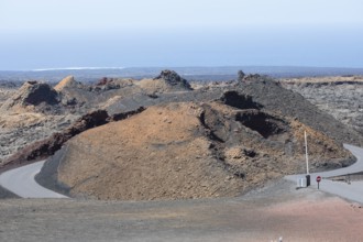 Volcanic landscape with visitor centre in Timanfaya National Park, Lanzarote, Canary Islands,