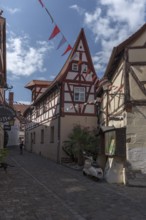 Very narrow, medieval half-timbered house, Lauf an der Pegnitz, Middle Franconia, Bavaria, Germany,