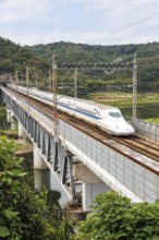 Shinkansen type N700 high-speed train of Japan Rail JR train on the Sanyo Shinkansen line in