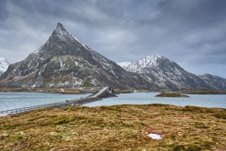 Fredvang Bridges in winter. Lofoten islands, Norway, Europe