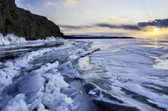 Sunset on ice, Lake Baikal, Olkhon Island, Pribaikalsky National Park, Irkutsk Province, Siberia,