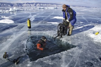 Scuba diver, Lake Baikal, Olkhon Island, Pribaikalsky National Park, Irkutsk Province, Siberia,