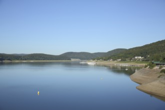 View of landscape from the Edersee near Waldeck-West during low water, forest, lake, Hesse,