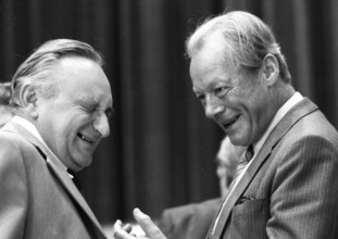 Election party conference of the SPD on 09.06.1980 in Essen. Egon Bahr, Willy Brandt f.l, Germany,