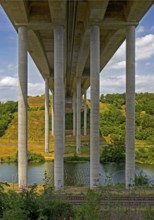 Railway tracks and motorway bridge of the A3 over the river Lahn, Limburg an der Lahn, Hesse,