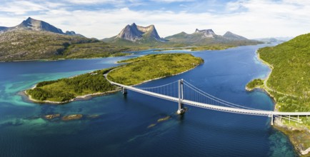 Fjord with islands in front of Bergen, Mount Stortinden, bridge over Kjerringstraumen, Efjord,