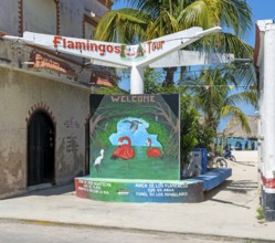 Flamingo tour advertising at small coastal settlement on Gulf of Mexico, Celestun, Yucatan, Mexico,