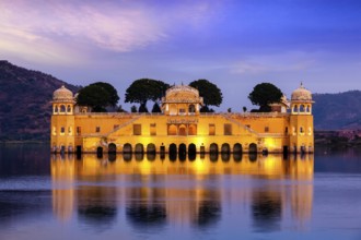 Rajasthan landmark, Jal Mahal (Water Palace) on Man Sagar Lake in the evening in twilight. Jaipur,