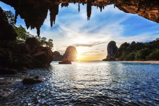 Tropical holidays beach vacation in Thailand tourism concept, Pranang beach on sunset. Railay,