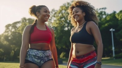 Happy african american female friends enjoying a healthy run in the park together. generative AI