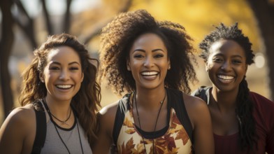 Happy Mixed-race female friends enjoying a healthy run in the park together. generative AI