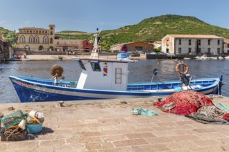 Fishing boat on the banks of the Temo, Bosa, Oristano province, Sardinia, Italy, Bosa, Sardinia,