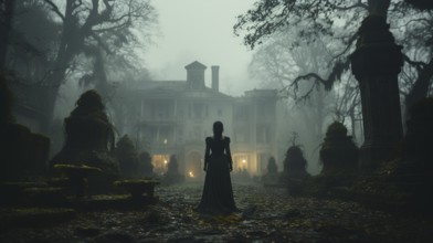 Eerie haunting ghostly female figure walking in front of a foggy southern plantation antebellum