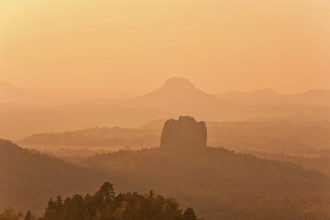 View from the Carola rock into the Schrammstein area in the back of Saxon Switzerland, to the