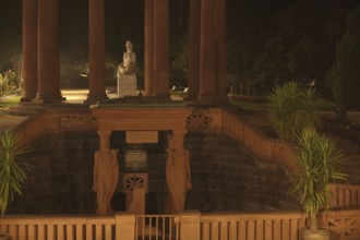 Neoclassical Elisabethenbrunnen with temple and Greek goddess Hygieia, night view, figures,