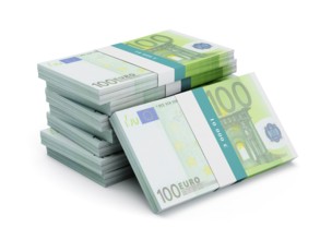 Creative business finance making money concept, stack of 100 euro banknotes bills bundles isolated