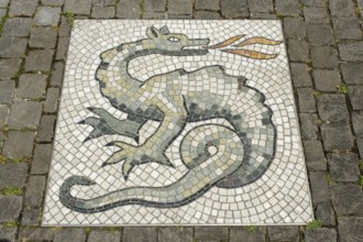 Floor mosaic in front of the Lindwurm Museum, Old Town, Stein am Rhein, Canton Schaffhausen,