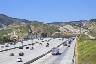 Cars driving on the Interstate 5, I-5 highway through the San Fernando Valley, Los Angeles County,