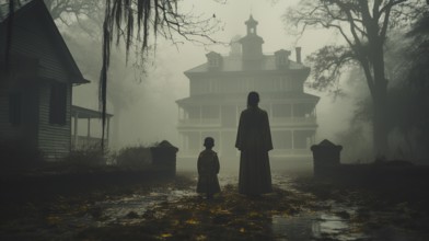 Eerie haunting ghostly silhouetted female and child figures walking in front of a foggy southern