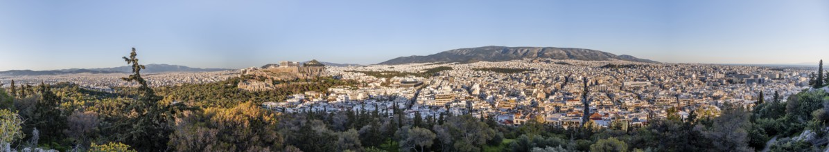 View from Philopappos Hill over the city, panorama of the Parthenon Temple and Herod's